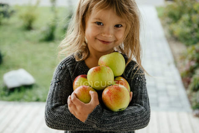 The cute girl holding a large harvest of beautiful fresh apples. — Stock Photo