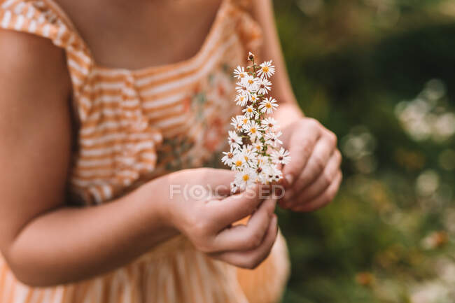 Child holding small bouquet of flowers, close up — Stock Photo