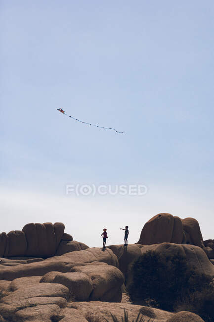 Silueta de dos chicos jugando con una cometa en el desierto. - foto de stock