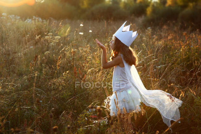 Das Mädchen spielt die Prinzessin in der Natur. — Stockfoto