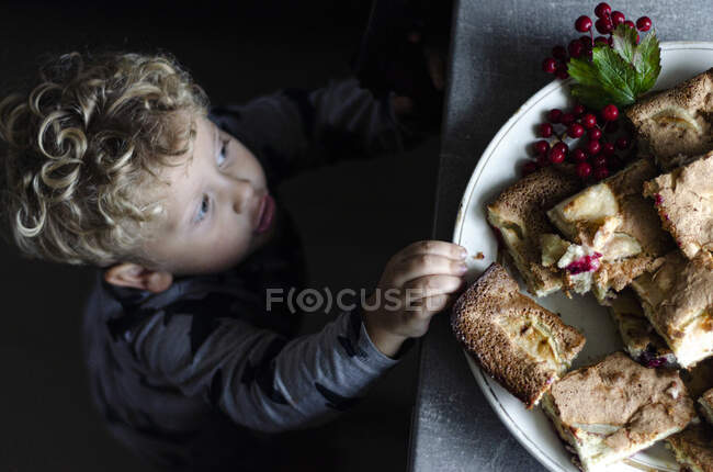 Мальчик 2 лет берет пирог из тарелки — стоковое фото