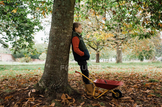 Junge spielt mit Schubkarre im Park — Stockfoto