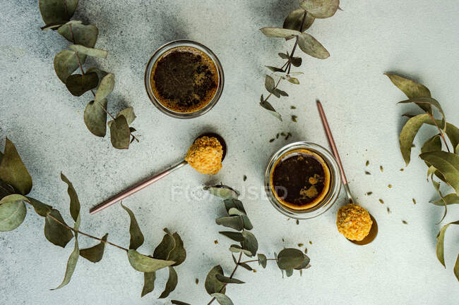 Sweet homemade drinks with eucalypyus leaves — Stock Photo