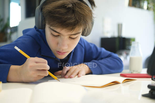 Дистанційне навчання онлайн-освіти. Хлопчик вчиться вдома і робить шкільне домашнє завдання. Навчання на домашній дистанції . — стокове фото