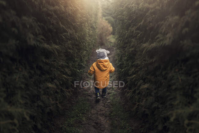 Small boy wearing winter yellow jacket and furry hat  running be — Stock Photo