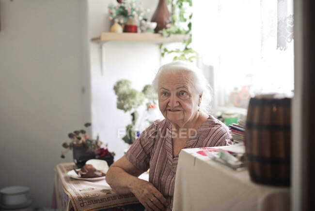 Retrato de senhora idosa em sua cozinha — Fotografia de Stock