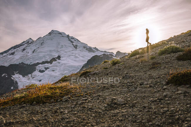 Excursionista con mochila en la cima de la montaña - foto de stock