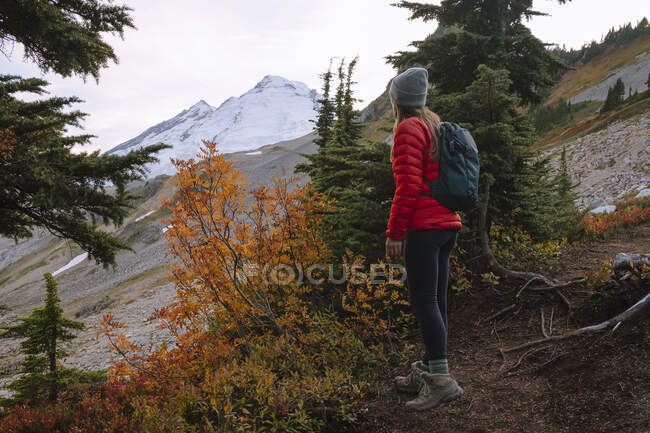Молода жінка стоїть на вершині гори . — стокове фото