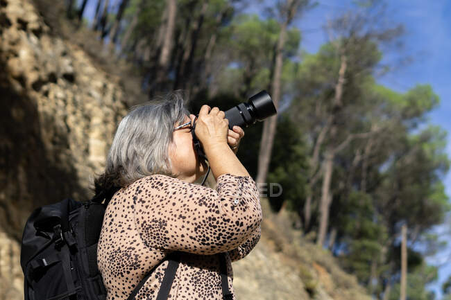 Ältere weißhaarige Frau beim Fotografieren im Wald — Stockfoto