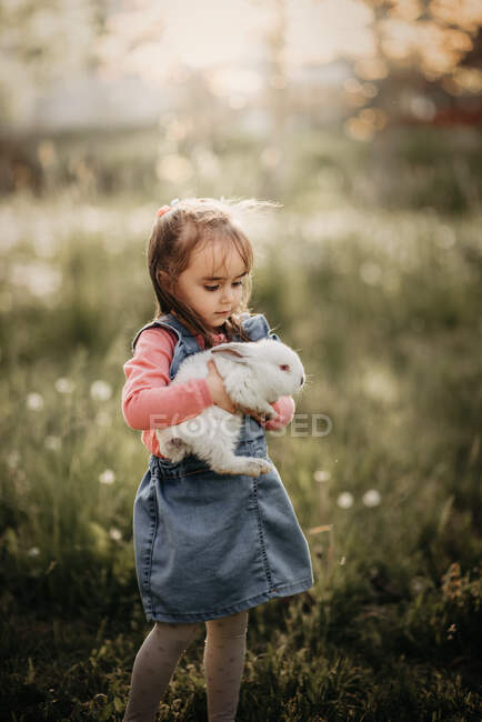 Giovane ragazza che tiene un coniglio con uno sfondo sfocato. — Foto stock