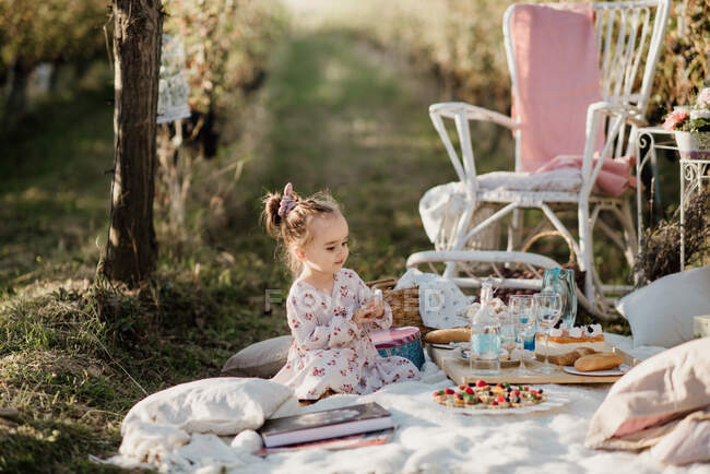 Jovencita sentada frente a un pastel en un picnic. - foto de stock