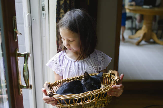 Little girl with a basket of white rabbit — Stock Photo