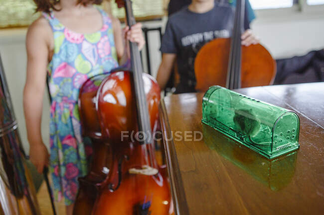 Niña tocando el violín en casa - foto de stock