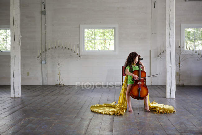 Mujer joven con violín en el fondo de la ventana - foto de stock