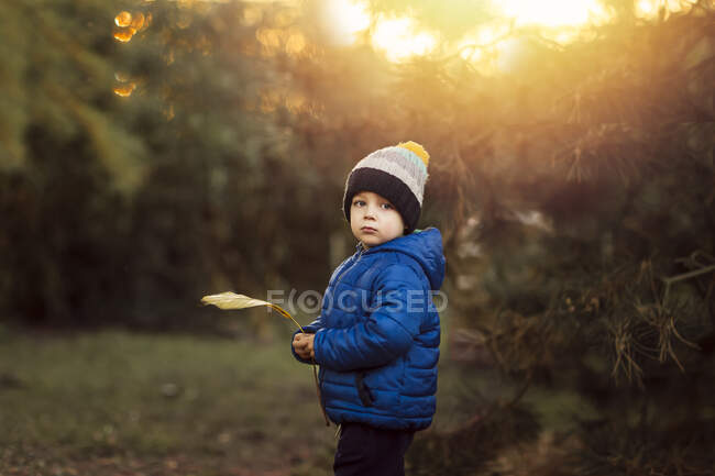 Vista lateral de un niño pequeño en el jardín con chaqueta azul sosteniendo un grito - foto de stock