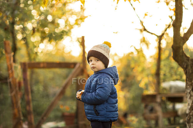 Vue latérale du garçon dans le jardin en veste bleue et chapeau d'hiver pendant — Photo de stock