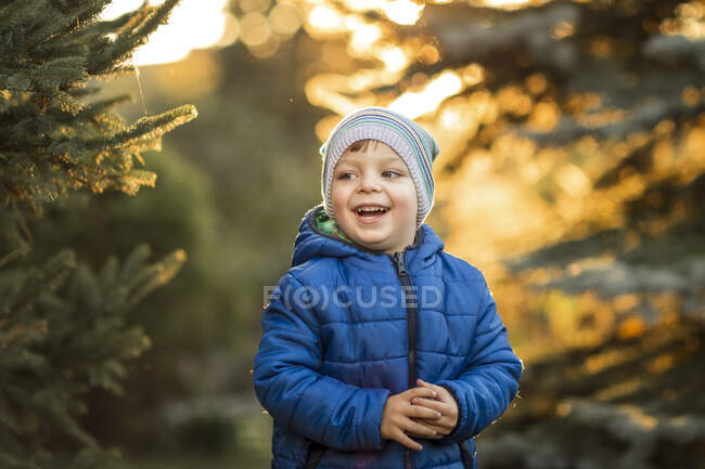 Маленький мальчик с голубыми глазами и голубой курткой, смеющийся в лесу — стоковое фото