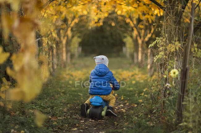 Niño pequeño en chaqueta azul montando moto de juguete de plástico en el jardín - foto de stock
