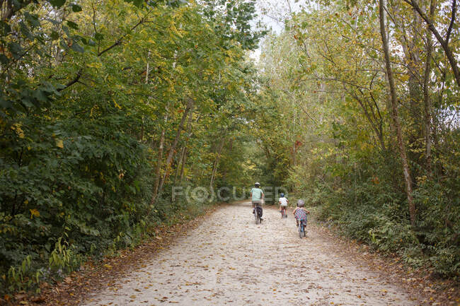 Vue arrière du père et des enfants faisant du vélo sur un sentier boisé en automne — Photo de stock