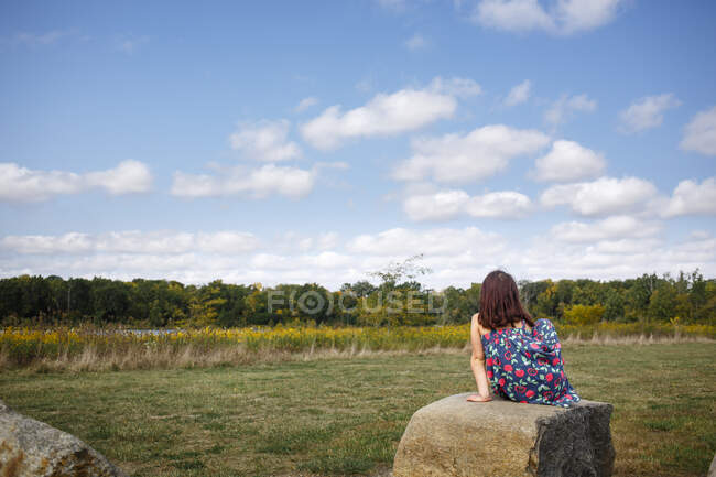 Una niña pequeña se sienta sola en una roca grande mirando hacia la pradera - foto de stock