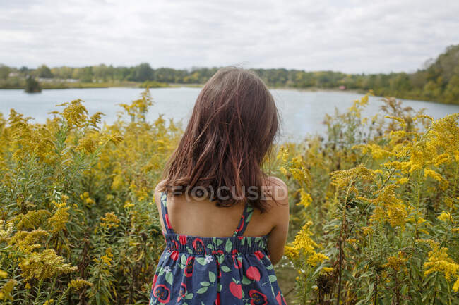Visão traseira da criança pequena em pé na pradaria de flores silvestres por lago — Fotografia de Stock
