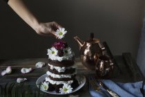 Feminino mão decorar bolo camada com margarida no topo — Fotografia de Stock