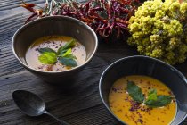Керамические миски овощного супа с листьями базилика на деревянном столе — стоковое фото