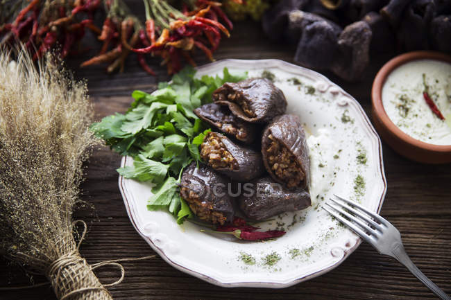 Dried eggplants stuffed with meat rice and a mixture of different spices — Stock Photo