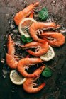 Vue de dessus des crevettes, tranches de citron et feuilles de menthe avec glace fondante — Photo de stock