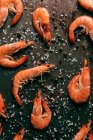 Top view of shrimps on table with black pepper and salt — Stock Photo