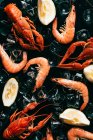 Vue de dessus des écrevisses et des crevettes avec des tranches de citron et des glaçons — Photo de stock