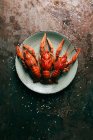 Vista elevada de três lagostins na placa na mesa rústica com sal — Fotografia de Stock