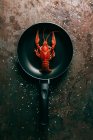 Top view of frying pan with crayfish on grungy tabletop with salt — Stock Photo