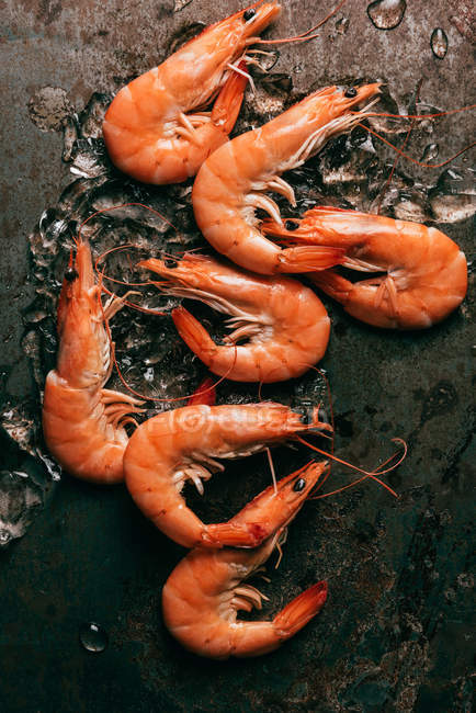 Vue surélevée du tas de crevettes avec de la glace fondante sur la table rustique — Photo de stock