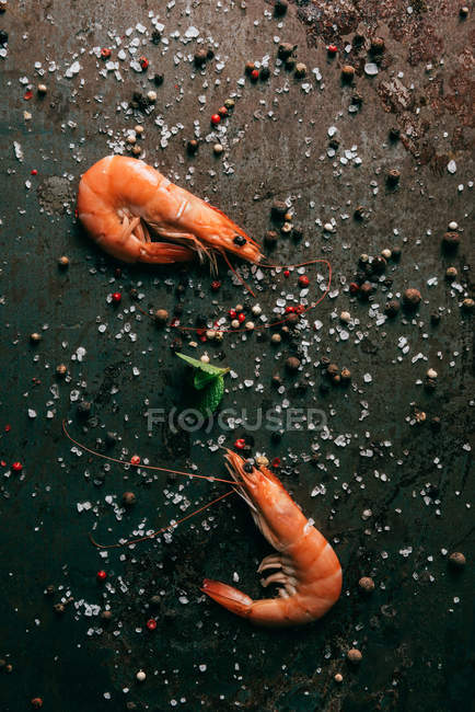 Vista dall'alto di gamberetti con menta sul tavolo con sale e pepe nero — Foto stock