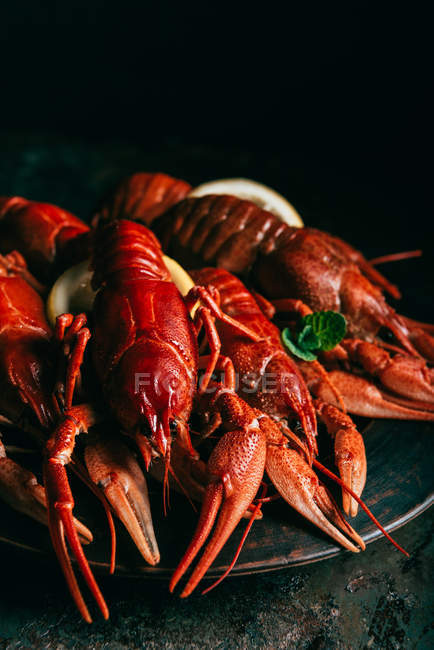 Closeup view of crayfishes with lemon slices and mint on plate — Stock Photo
