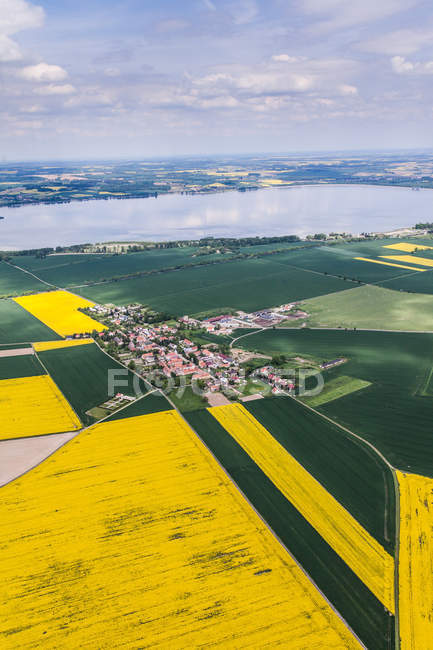 Збиральні поля, озера та село — стокове фото