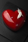 Pastel glaseado en forma de corazón con plumas de chocolate - foto de stock