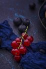 Groselha vermelha e mirtilos em pano azul — Fotografia de Stock