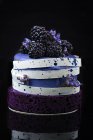 Purple layer cake with fresh blackberries and flowers decoration — Stock Photo