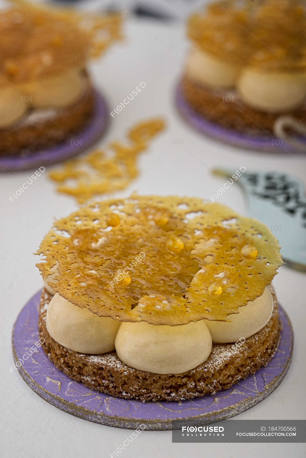 Cakes with meringue and sugar glaze, closeup — fine dining, cuisine
