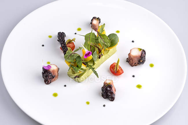 Grilled octopus pieces on plate with green puree — Stock Photo