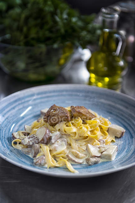 Tagliatelle with meat and mushrooms in cream sauce — Stock Photo