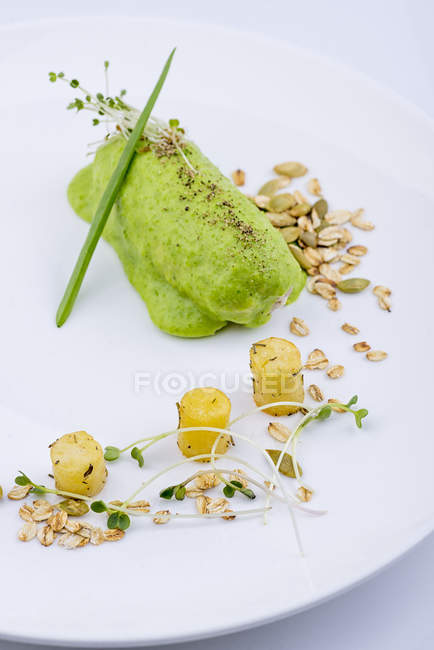 Fish fillet with sprouts garnish and green sauce — Stock Photo