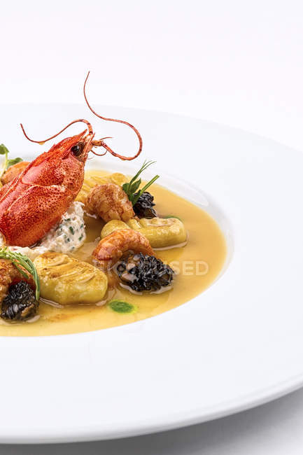 Lobster dish with gnocchi and morels mushrooms, close-up — Stock Photo