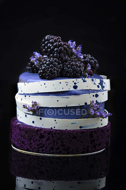 Torta strato viola con more fresche e decorazione di fiori — Foto stock