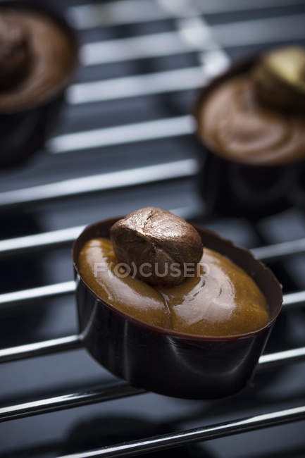 Шоколадные конфеты с начинкой и орехами на решетке — стоковое фото