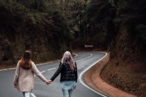 Visão traseira de duas meninas de mãos dadas e caminhando na estrada campestre curvilínea entre falésias — Fotografia de Stock