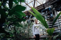 Seitenansicht eines jungen blonden Mannes, der im Gewächshaus spaziert und Pflanzen betrachtet — Stockfoto