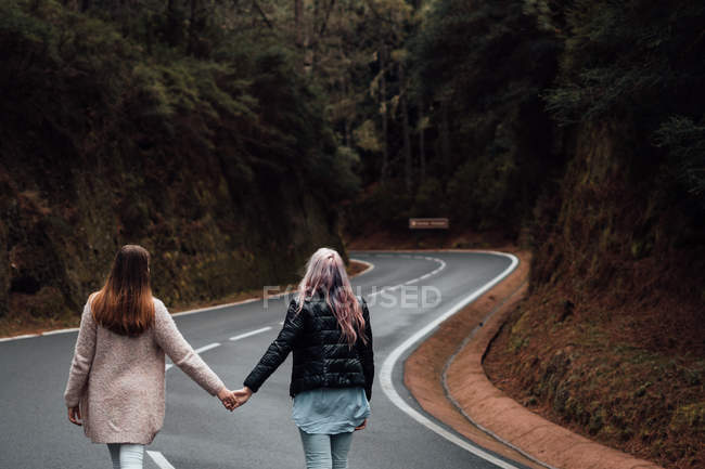 Visão traseira de duas meninas de mãos dadas e caminhando na estrada campestre curvilínea entre falésias — Fotografia de Stock